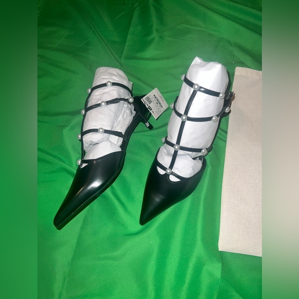NWT Zara Sling Back Kitten Heels with Pearl Detailing size 38 - Picture 7 of 13